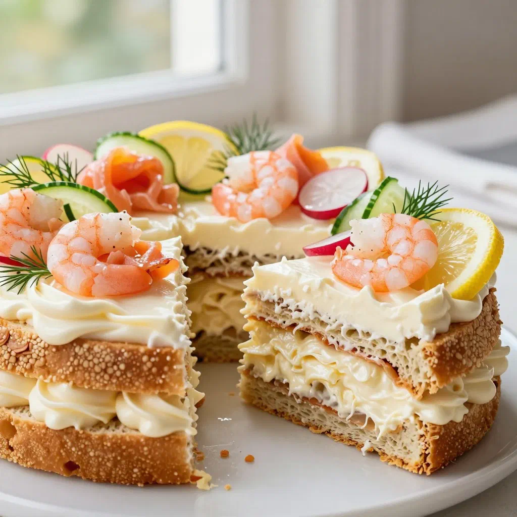 Swedish smörgåstårta layered sandwich cake topped with prawns, salmon and dill