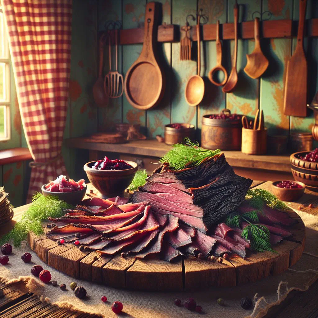 Sliced smoked reindeer with pan-fried potatoes and fresh dill