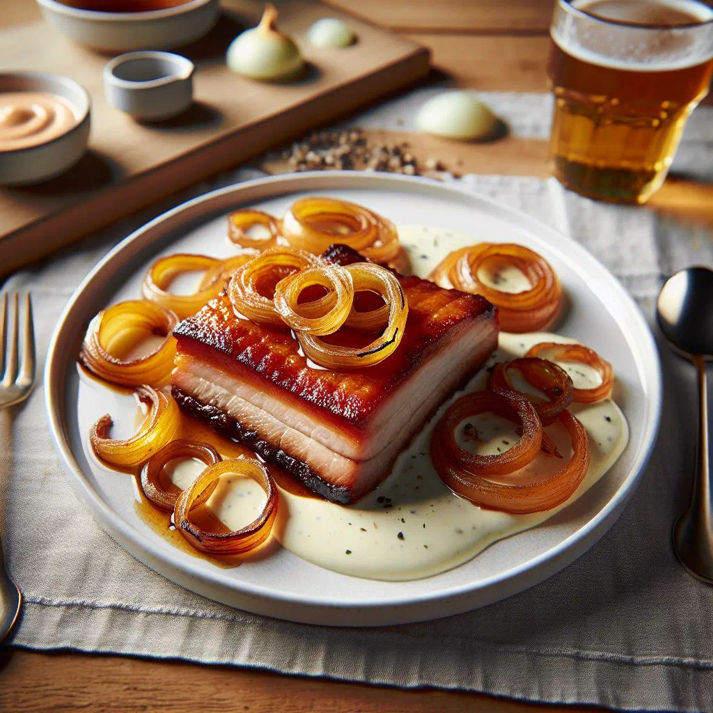 Crispy fried pork belly slices topped with creamy onion sauce and boiled potatoes