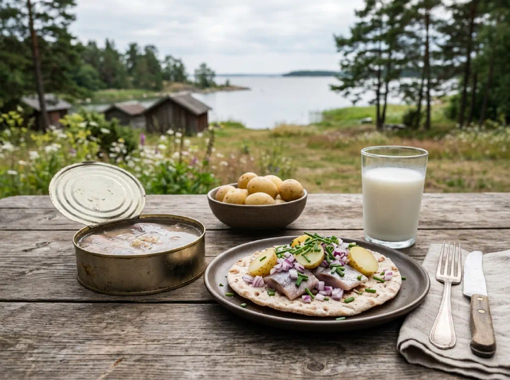 Surströmming fillets on flatbread with potatoes, red onion and sour cream