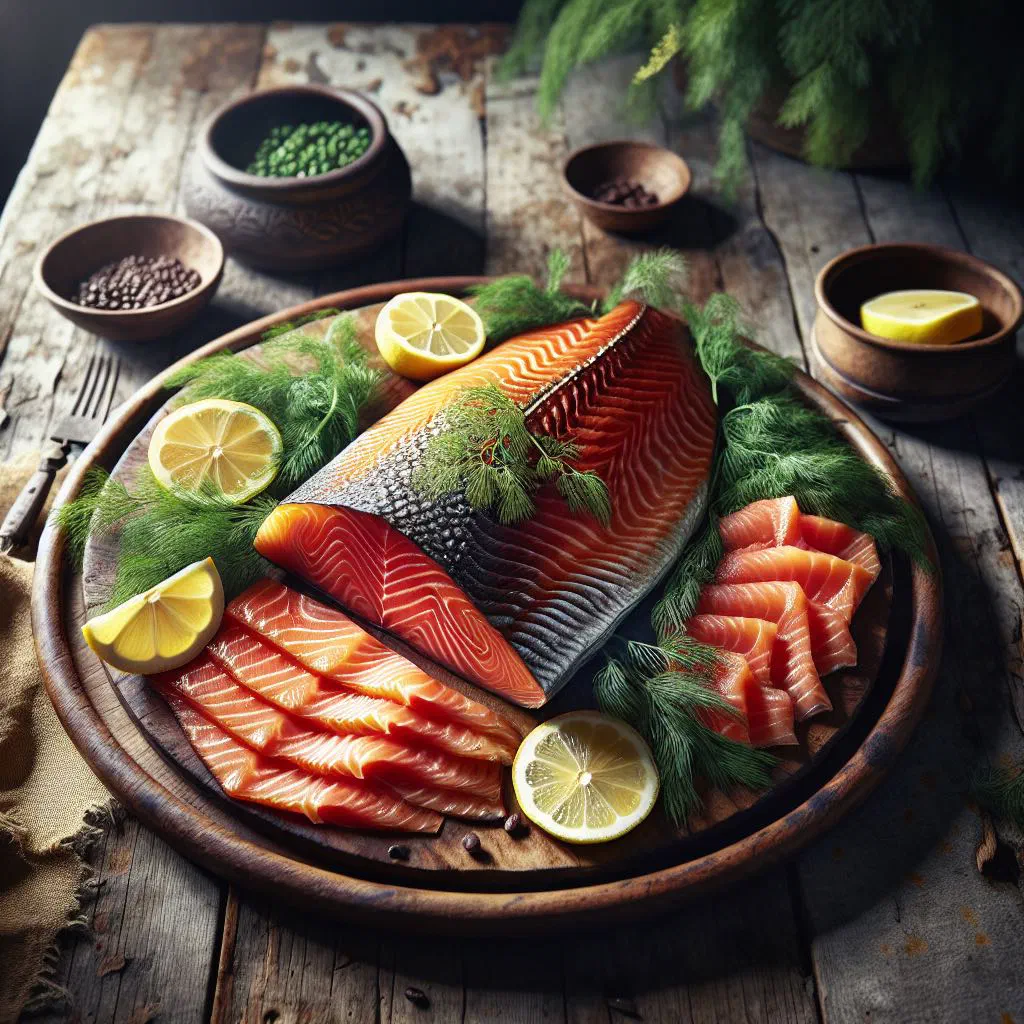 Sliced hot-smoked salmon garnished with fresh dill and lemon