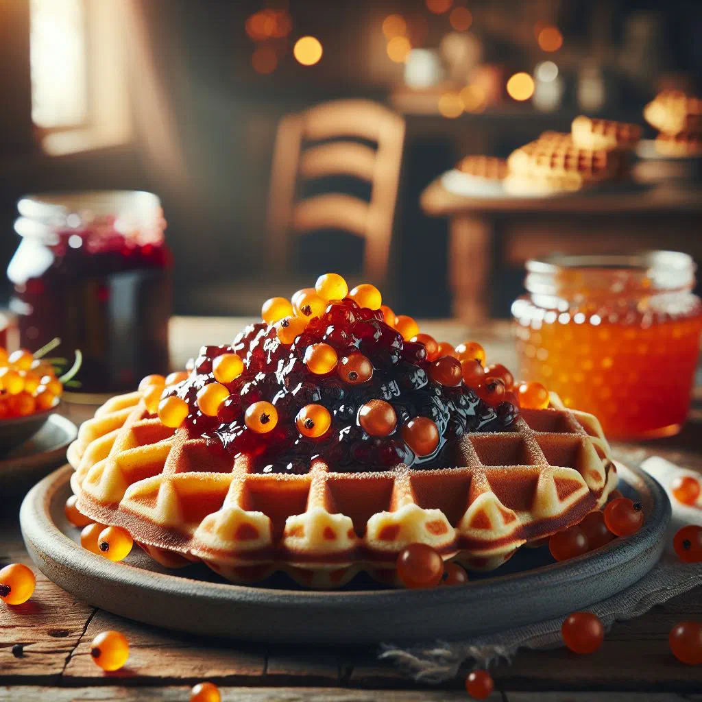 Crisp Swedish waffles topped with golden cloudberry jam