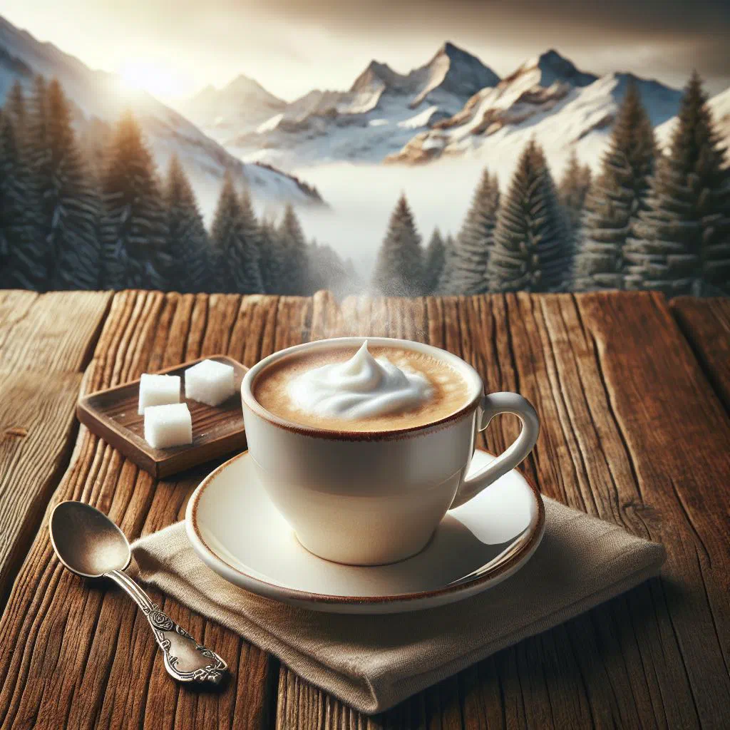 A cup of warm Alpine milk coffee topped with a swirl of cream