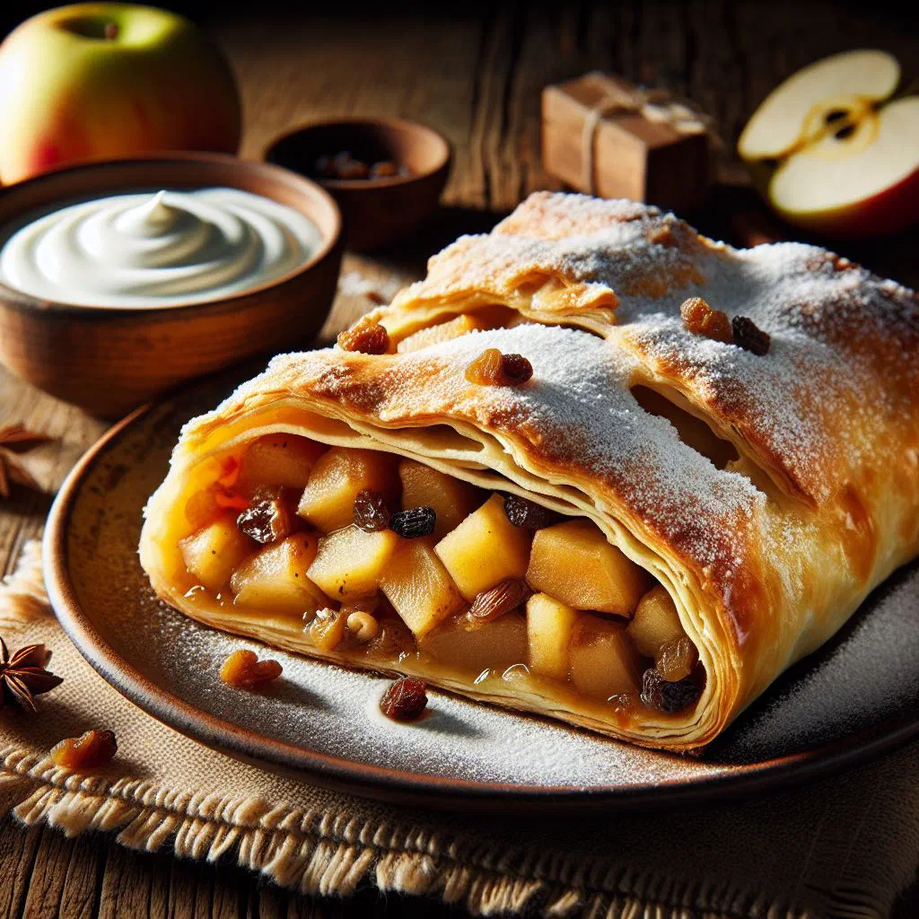 Golden apple strudel dusted with icing sugar and cut into slices