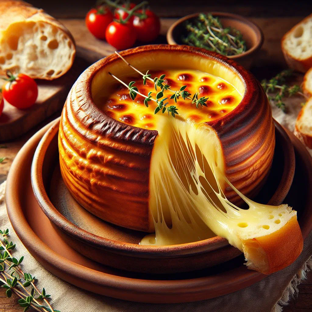 Bubbling baked cheese served with baguette, potatoes and vegetables