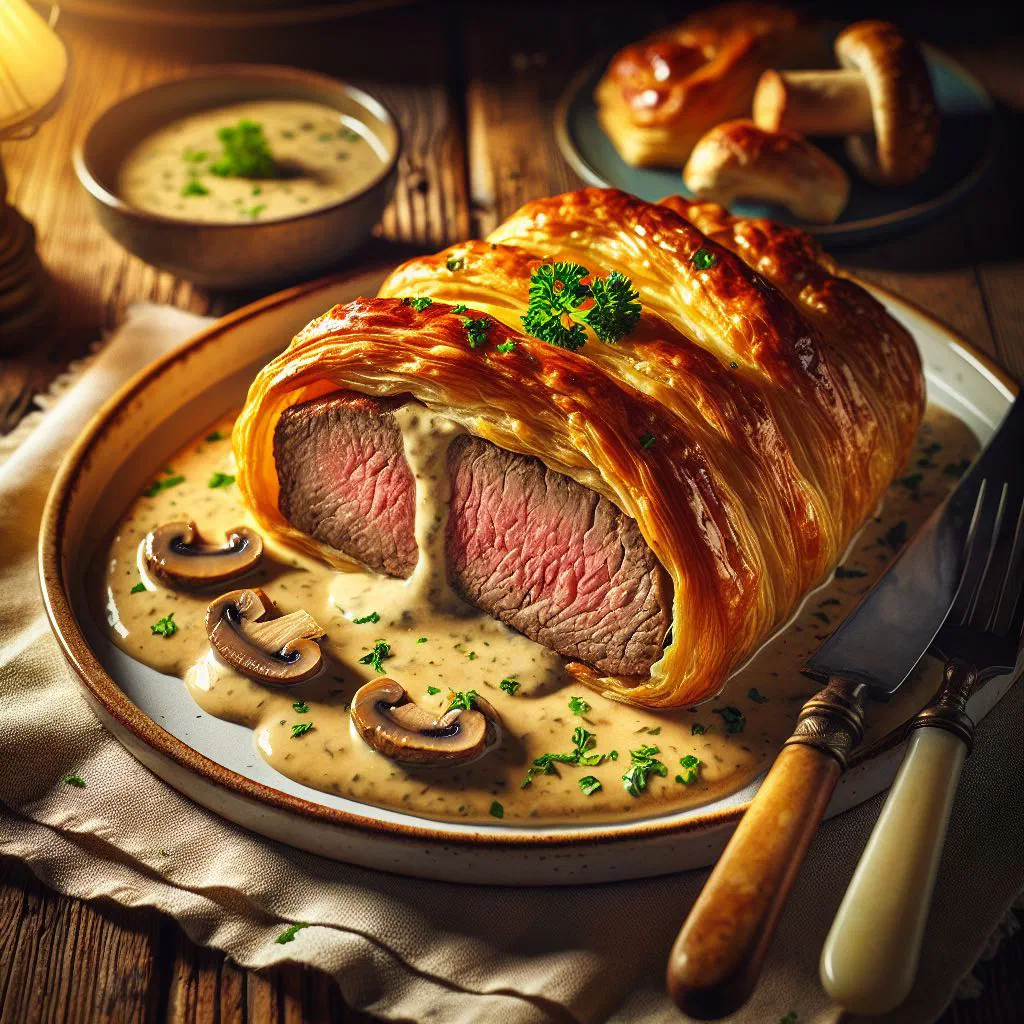 Golden beef fillet baked in puff pastry, sliced to reveal the tender meat