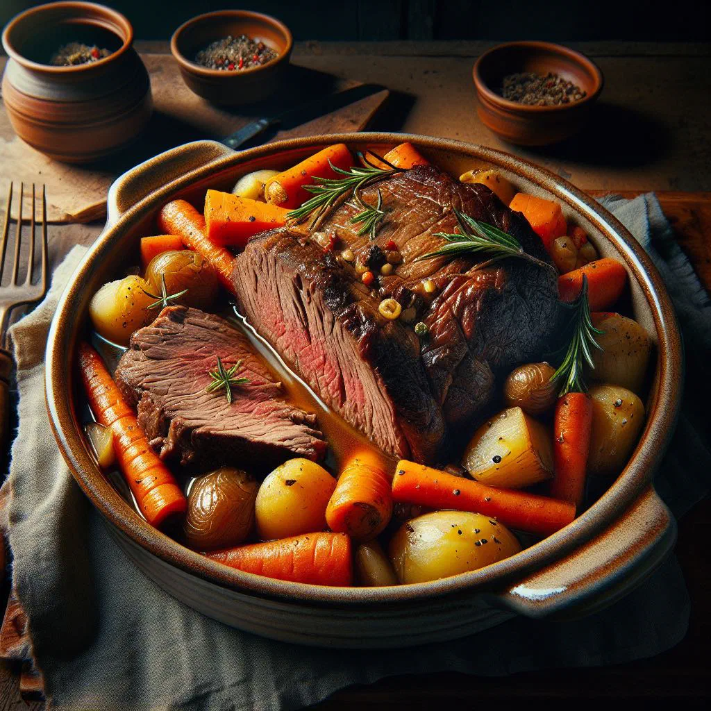 Sliced Swiss beef roast in a rich red wine sauce with vegetables