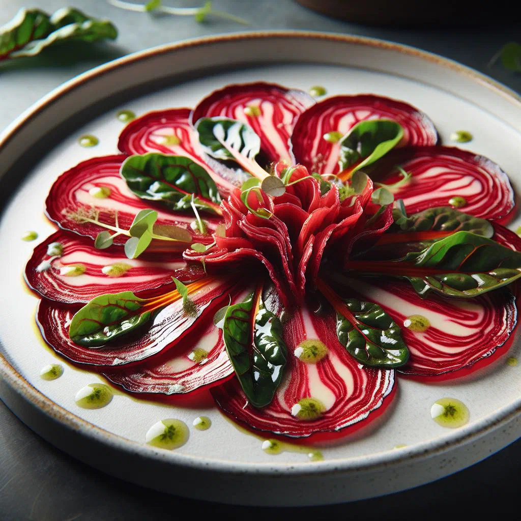 Thinly sliced beetroot carpaccio drizzled with olive oil and fresh herbs