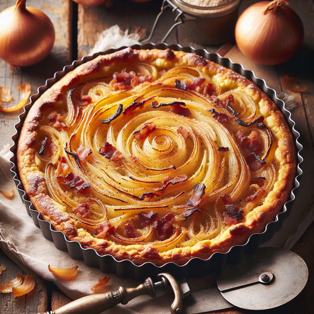 Golden Bernese onion tart with a creamy cheese and caramelised onion topping