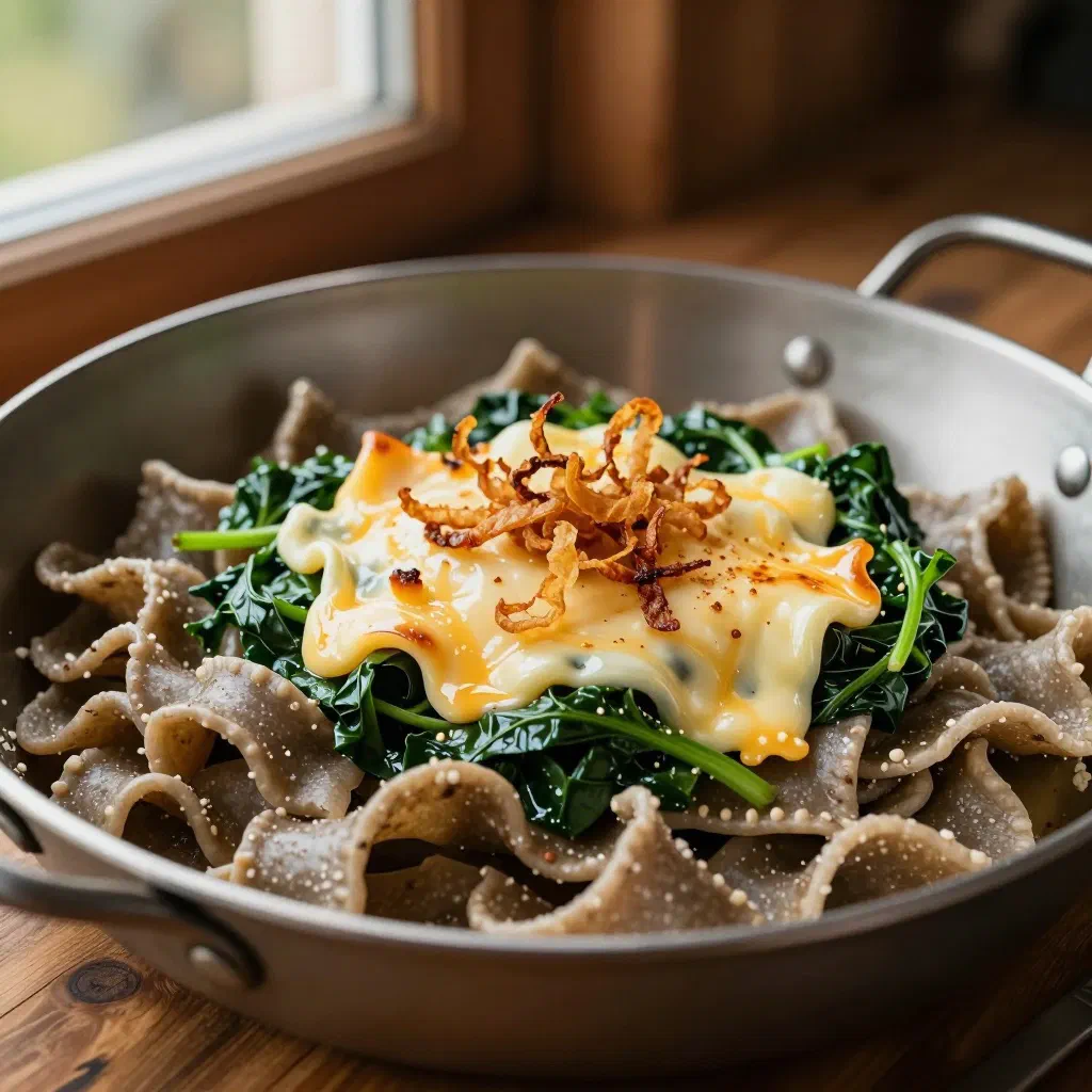 Golden pan-fried Bündner Pizzokel dumplings filled with spinach, cheese and bacon