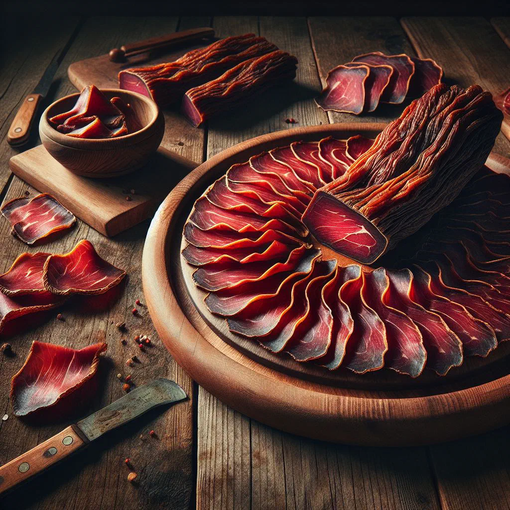 Thinly sliced Bündnerfleisch arranged on a wooden board with cheese and bread