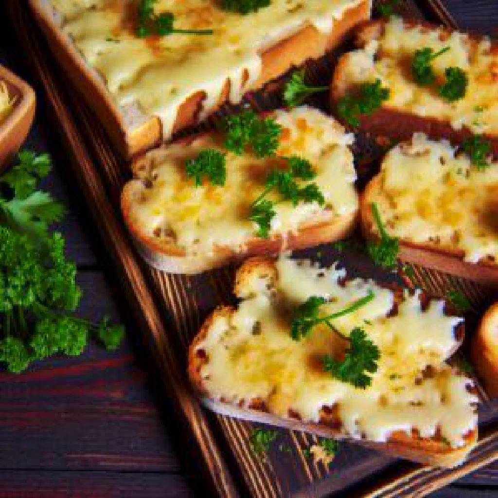 Golden baked Swiss cheese toast garnished with fresh herbs