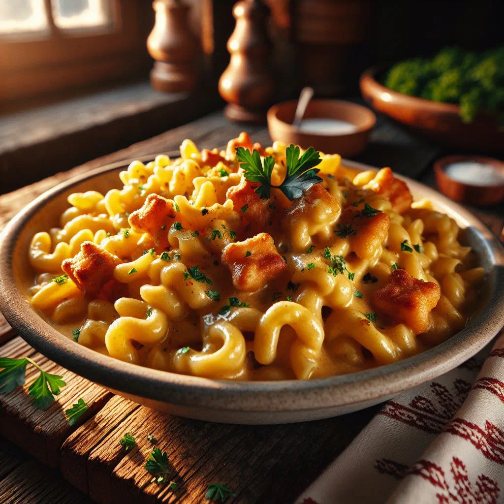 Baked Chnöpfli topped with melted cheese and crispy fried onions