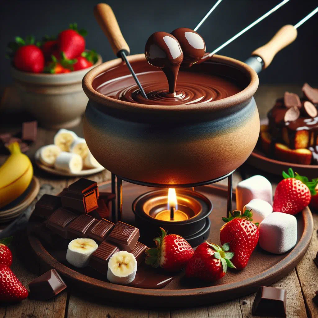 Warm chocolate fondue with fresh fruit and biscuits for dipping