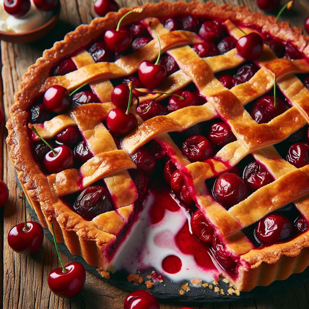 Swiss cherry tart with a golden custard filling and dark cherries