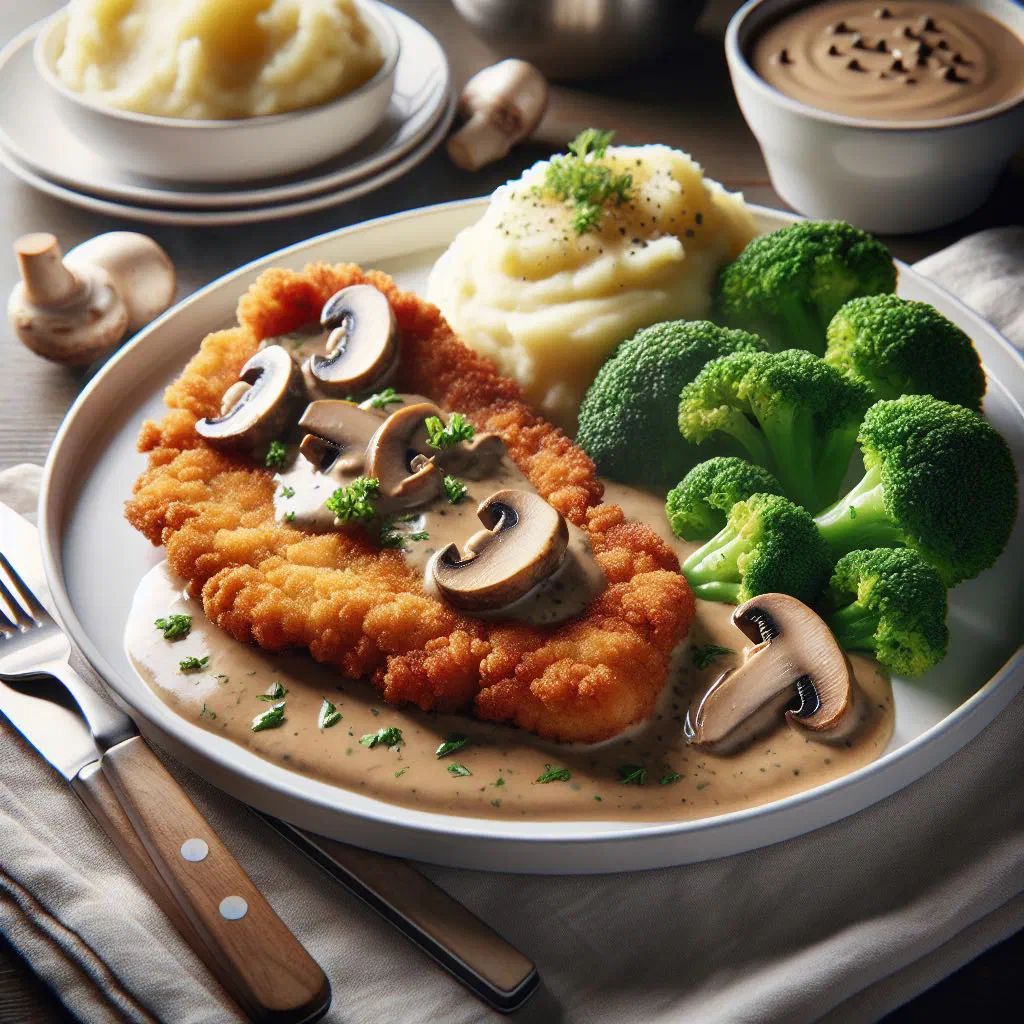 Cream schnitzel in a creamy sauce garnished with parsley