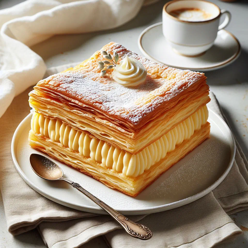Swiss cream slice with layers of puff pastry and vanilla custard, dusted with icing sugar