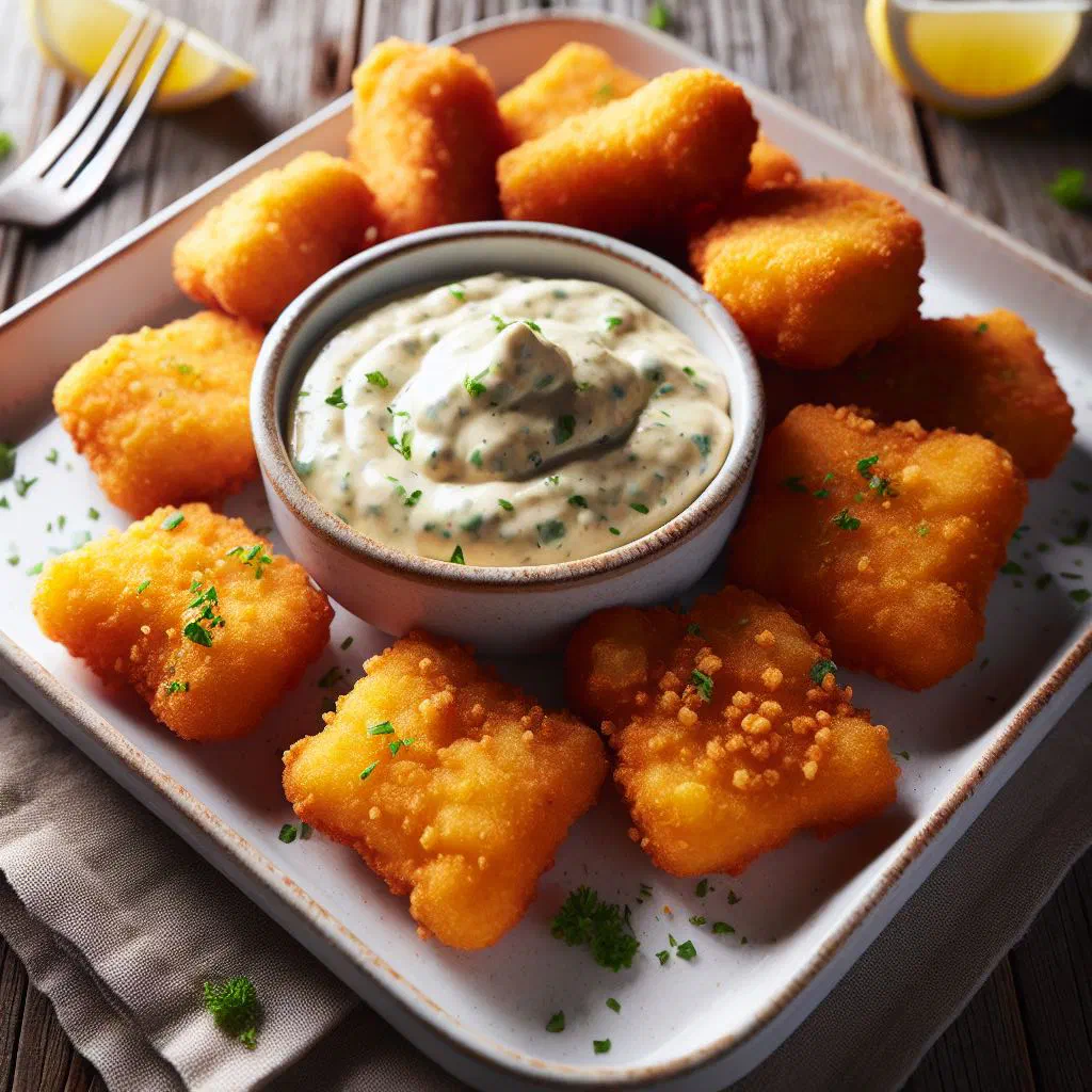 Golden crispy fried fish pieces served with a bowl of tartare sauce and lemon