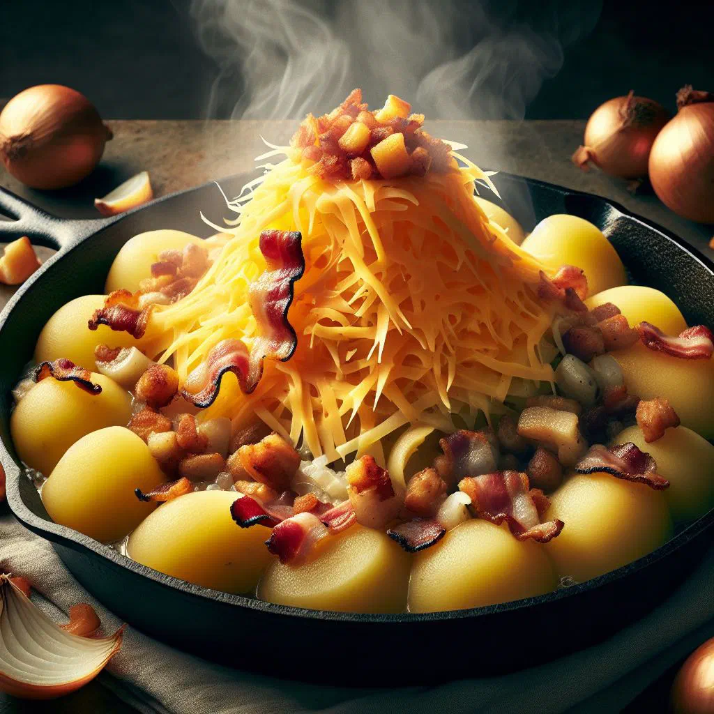Emmentaler alpine skillet with golden potatoes, onions and melted cheese