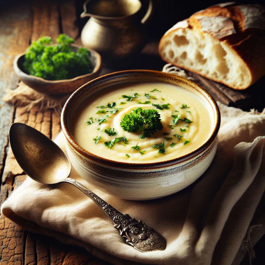 Bowl of Swiss flour soup garnished with fresh herbs