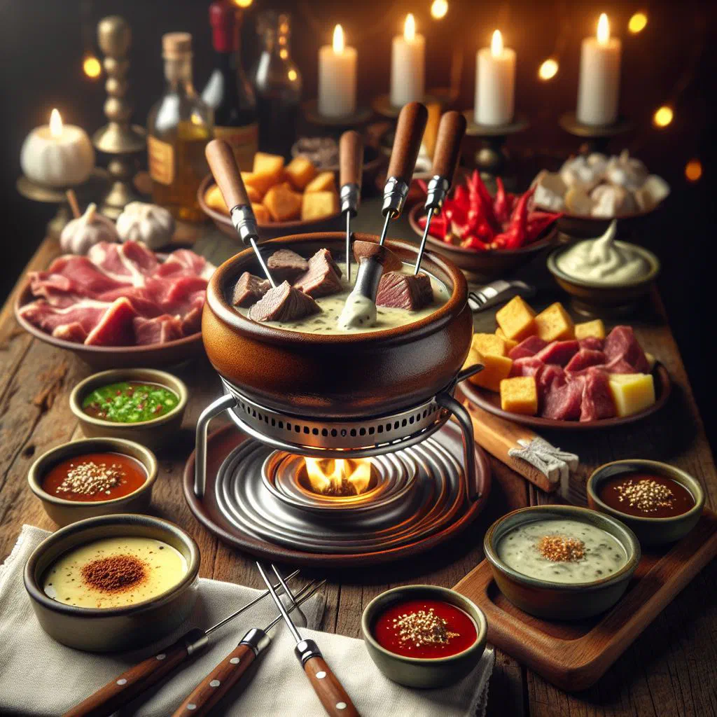 Cubes of beef cooking in hot oil with an array of dipping sauces