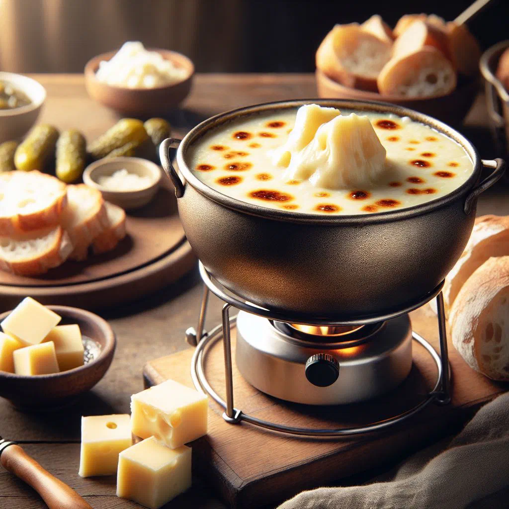 Bubbling cheese fondue in a caquelon with cubes of bread for dipping