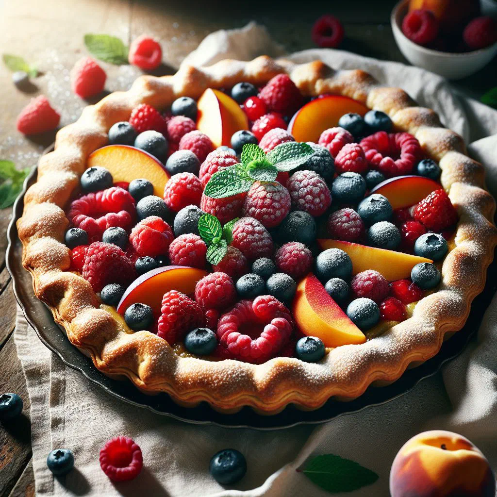 Swiss fruit tart with a golden crust and a creamy fruit filling