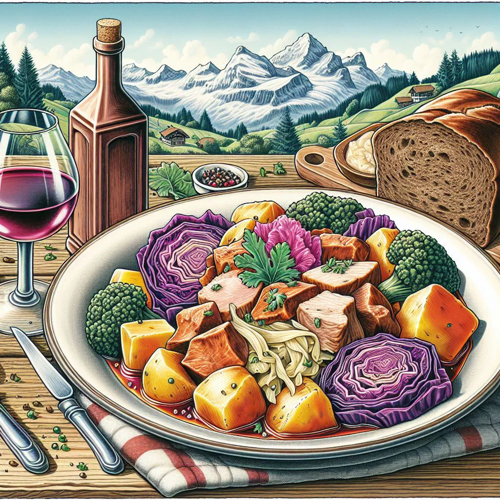 Hearty Swiss beef and cabbage stew in a rustic bowl
