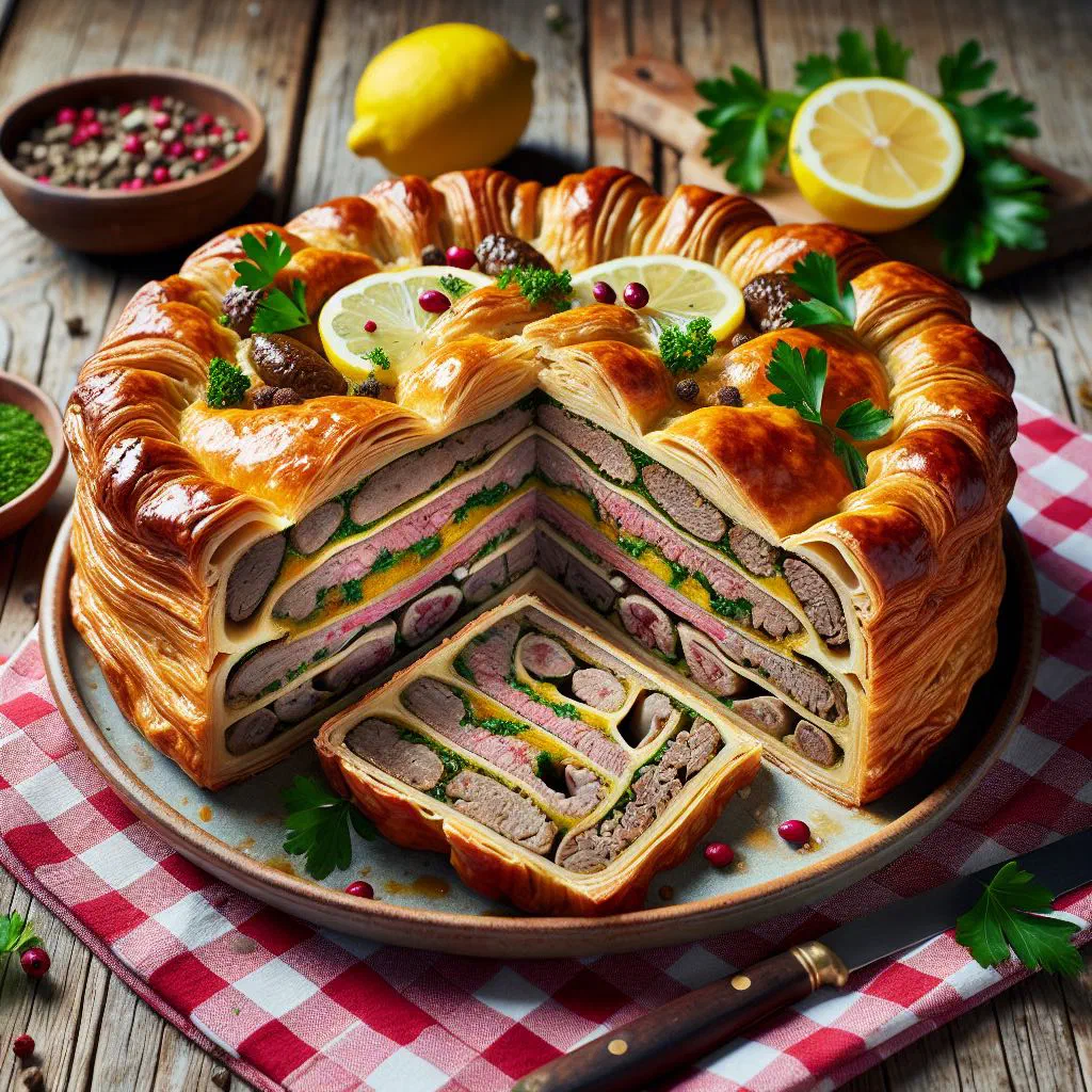 Golden Glarner Pastete with a flaky puff pastry crust and savoury meat filling