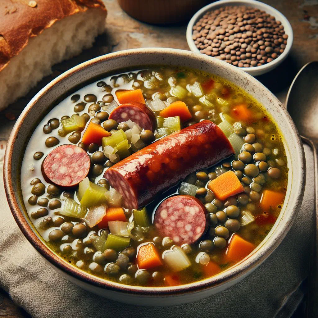 A steaming bowl of Swiss lentil soup garnished with fresh herbs
