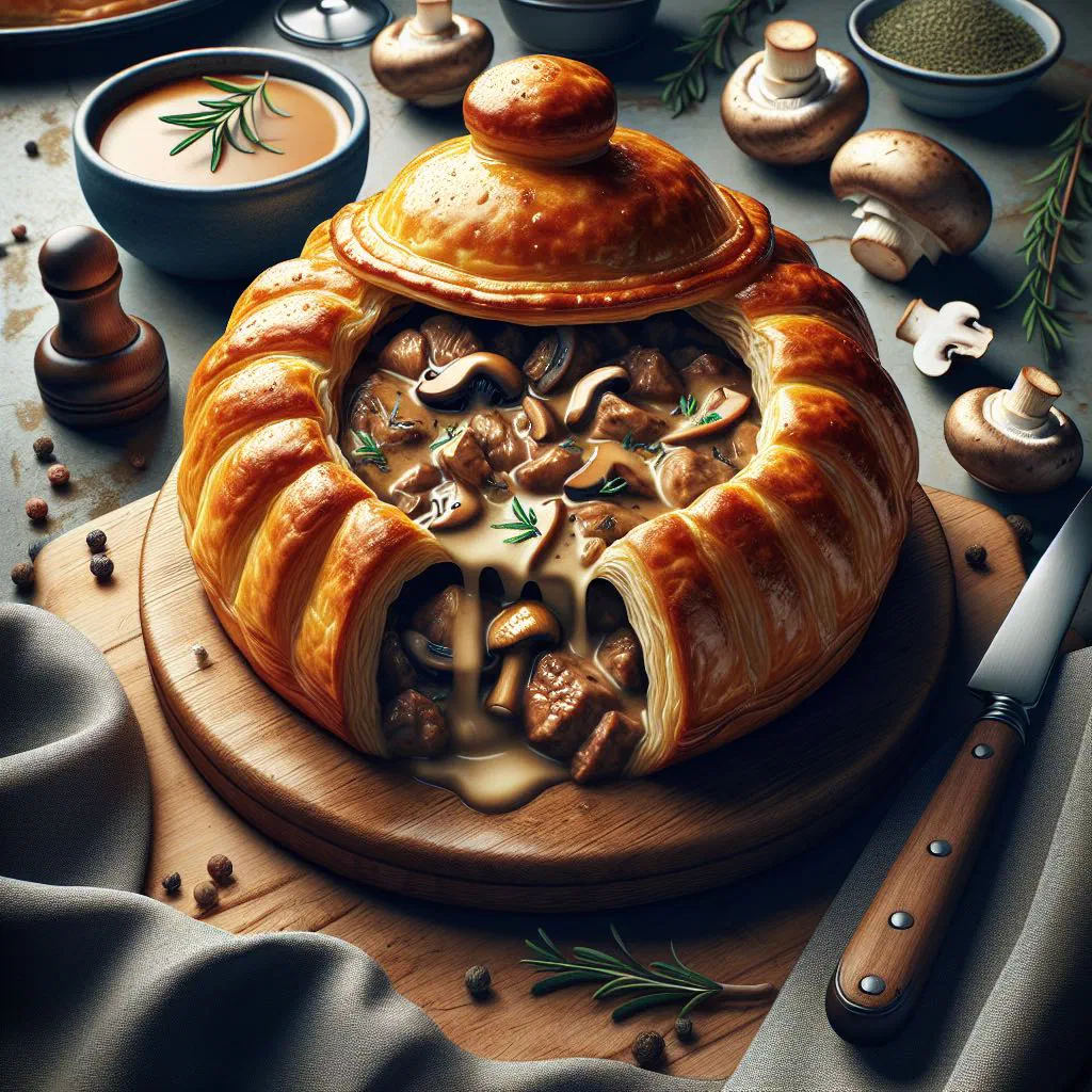 Golden puff pastry pie filled with veal, meatballs and creamy mushroom sauce