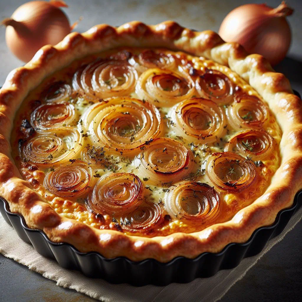 Golden Swiss onion tart with a crisp pastry base and creamy caramelised onion filling