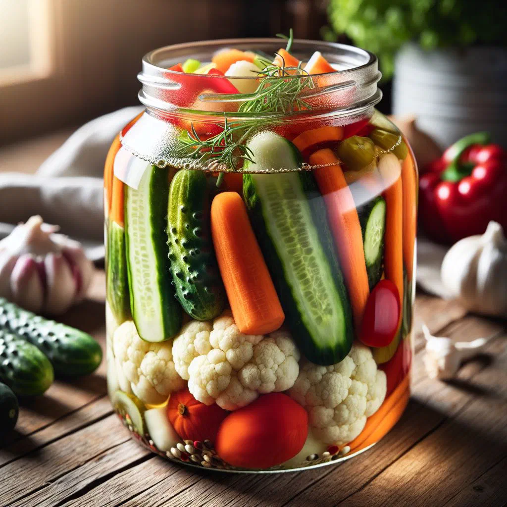 Colourful pickled vegetables in a glass jar with peppercorns and bay leaves
