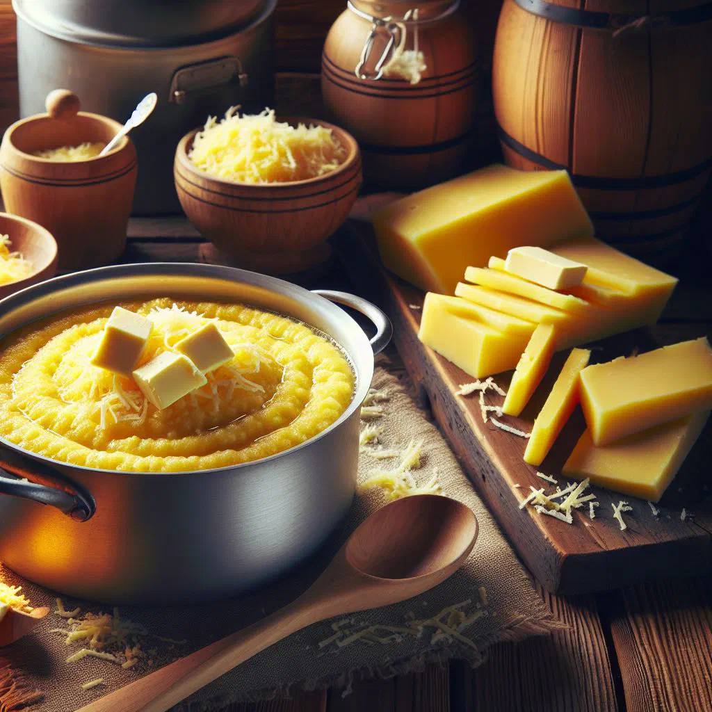 Creamy golden polenta in a bowl topped with fresh herbs