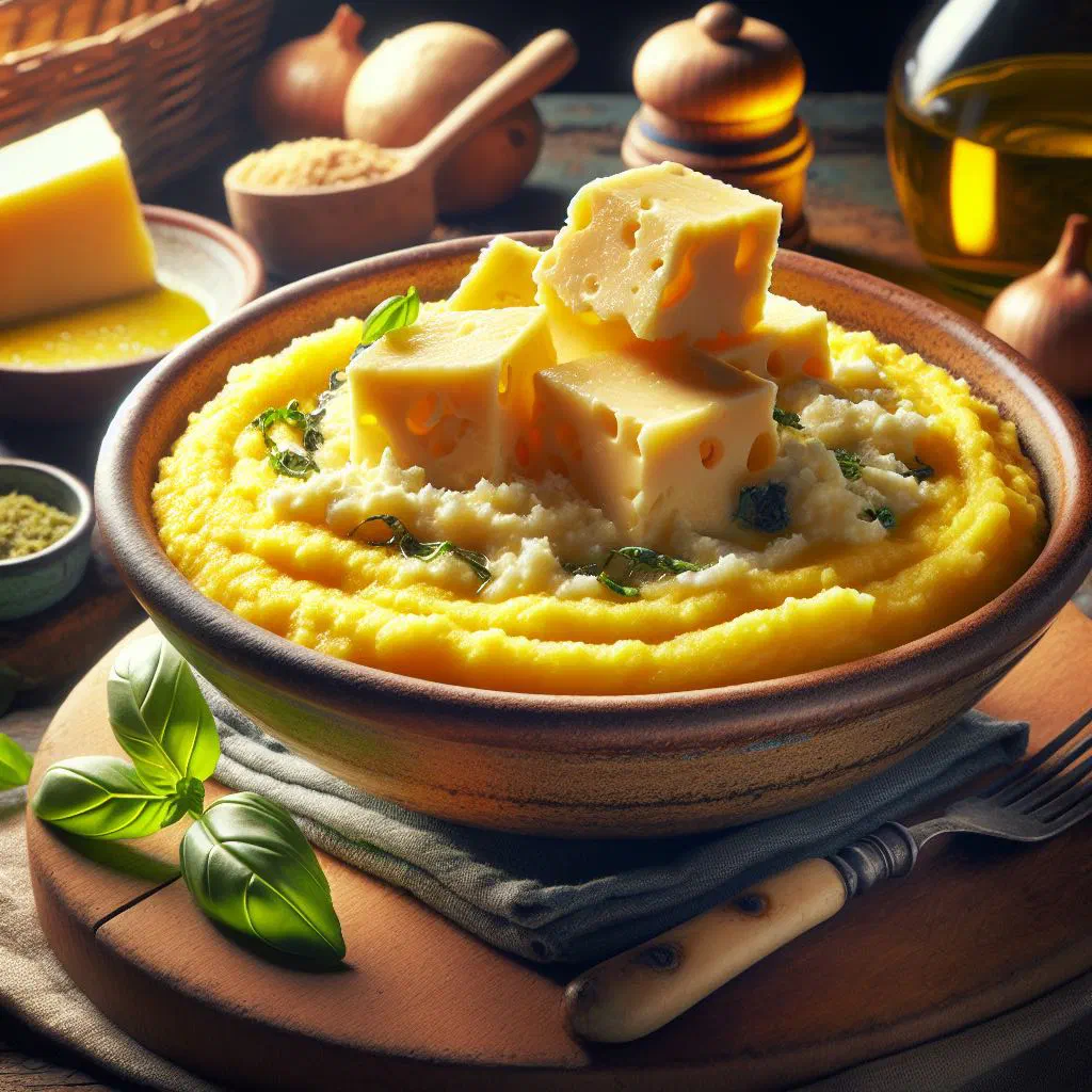 Creamy polenta topped with sautéed mushrooms and onions