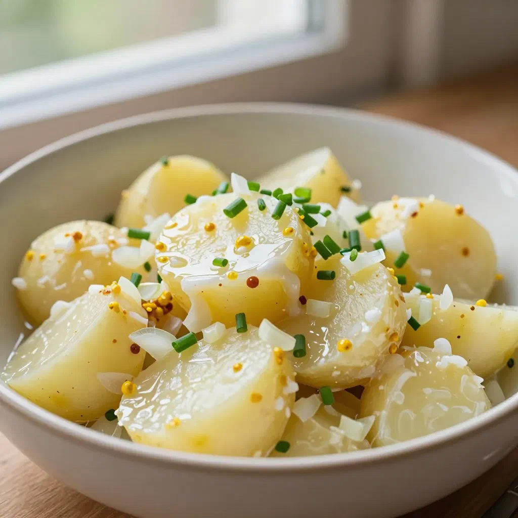 Swiss potato salad with sliced potatoes, onion and fresh herbs