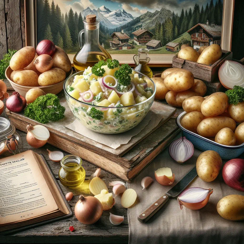 Swiss potato salad with sliced potatoes, onion and fresh herbs