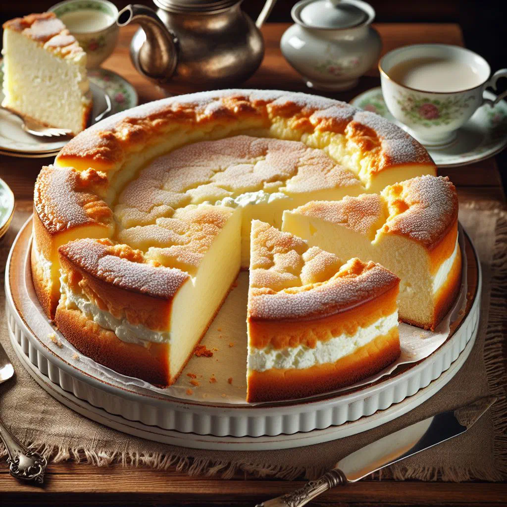 A slice of golden Swiss quark cake with a creamy set filling