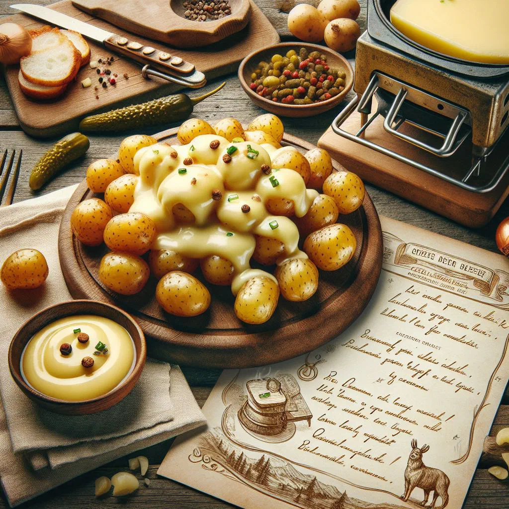 Melted raclette cheese poured over boiled potatoes and vegetables