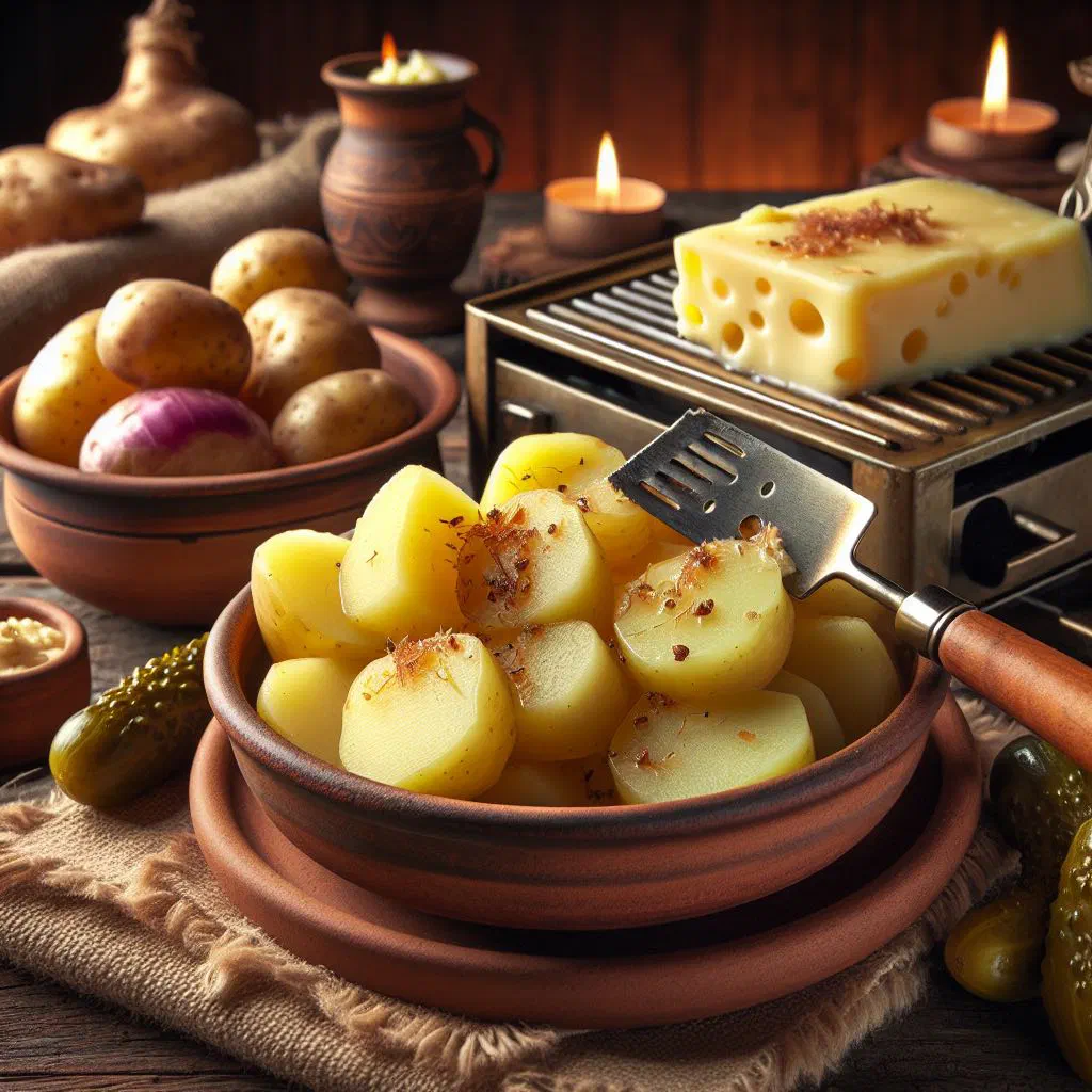 Melted raclette cheese poured over boiled potatoes with gherkins and pickled onions