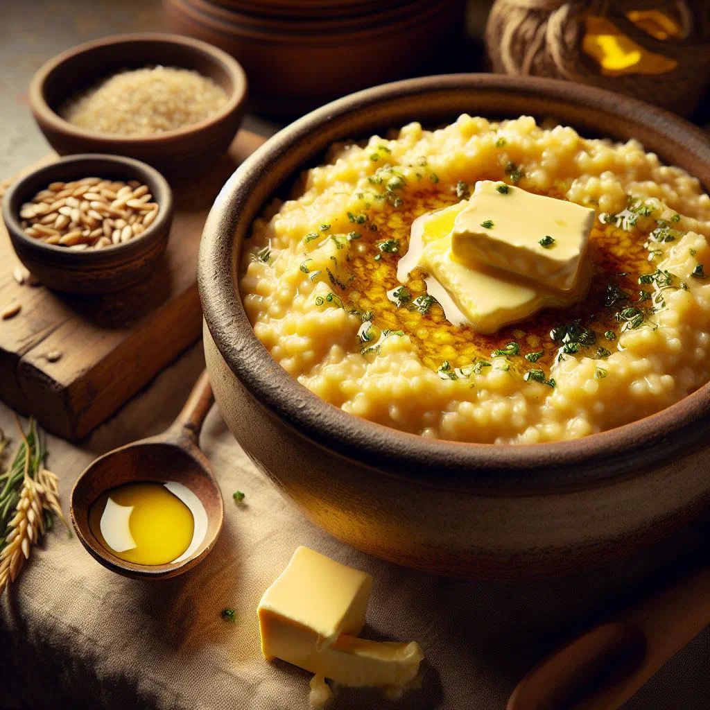 A bowl of golden Ribelmais served with grated cheese and apple sauce