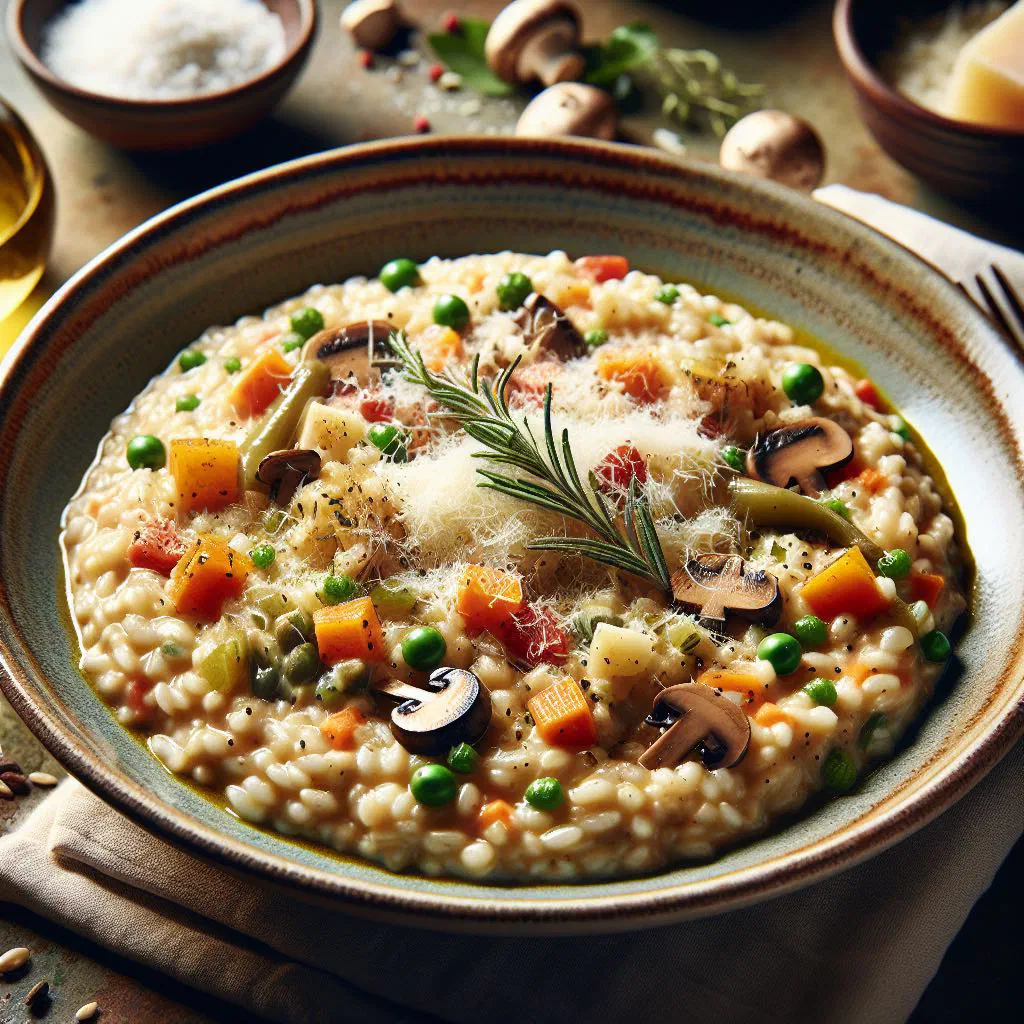 Creamy Risotto Ticinese with mushrooms and fresh herbs in a white bowl