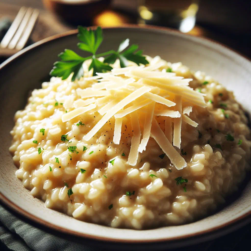 Creamy risotto with grated Sbrinz cheese served in a white bowl