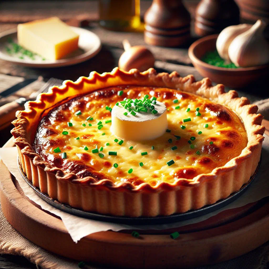 Golden-baked Sbrinz cheese tart on a rustic wooden board