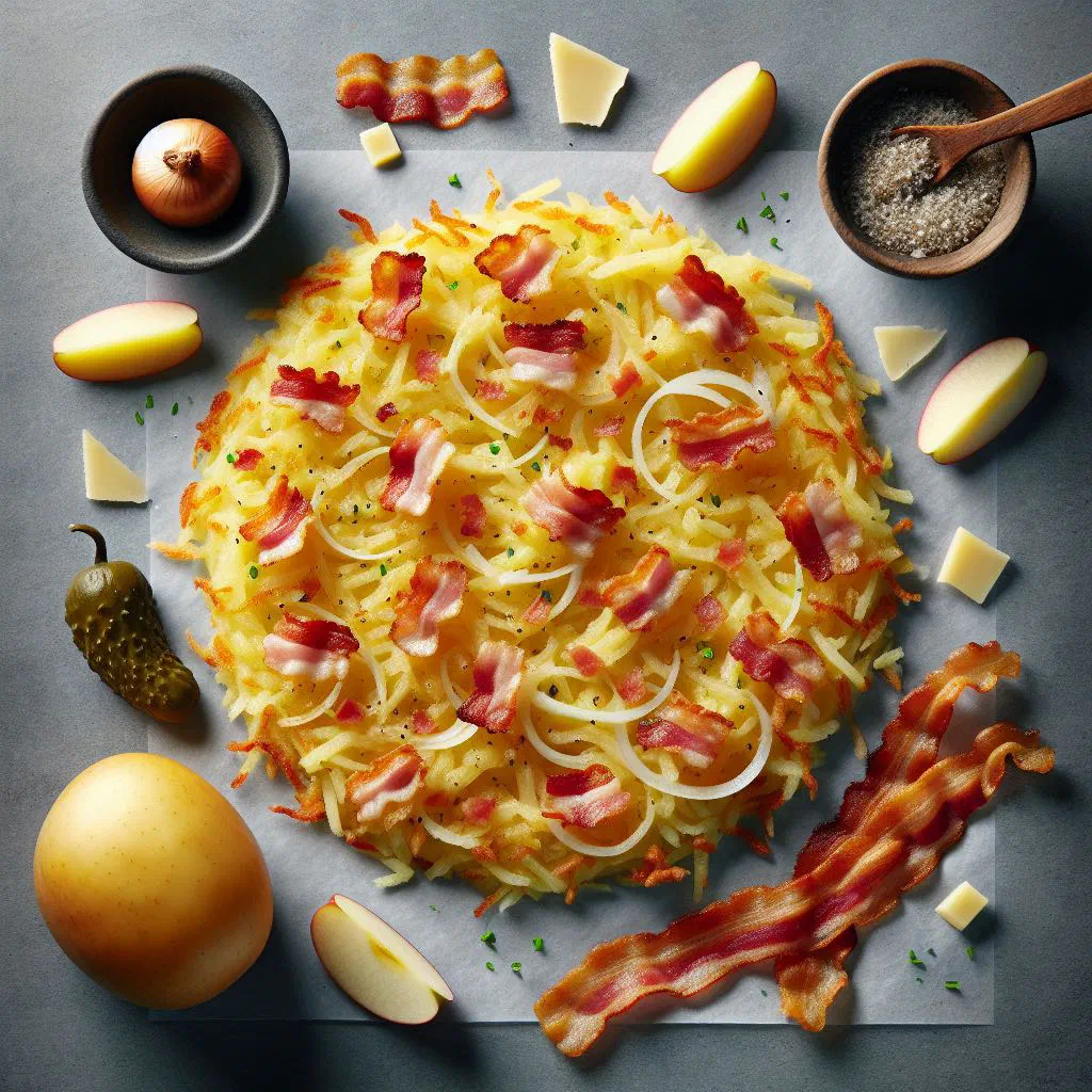 Golden, crispy Sennenrösti in a pan garnished with fresh chives