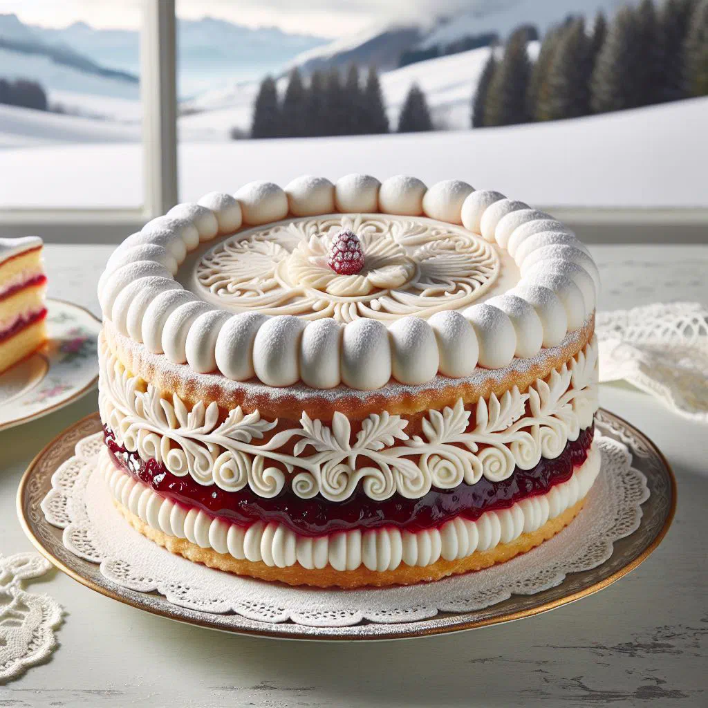 Slice of Solothurner Torte with dark chocolate sponge, nougat and marzipan filling