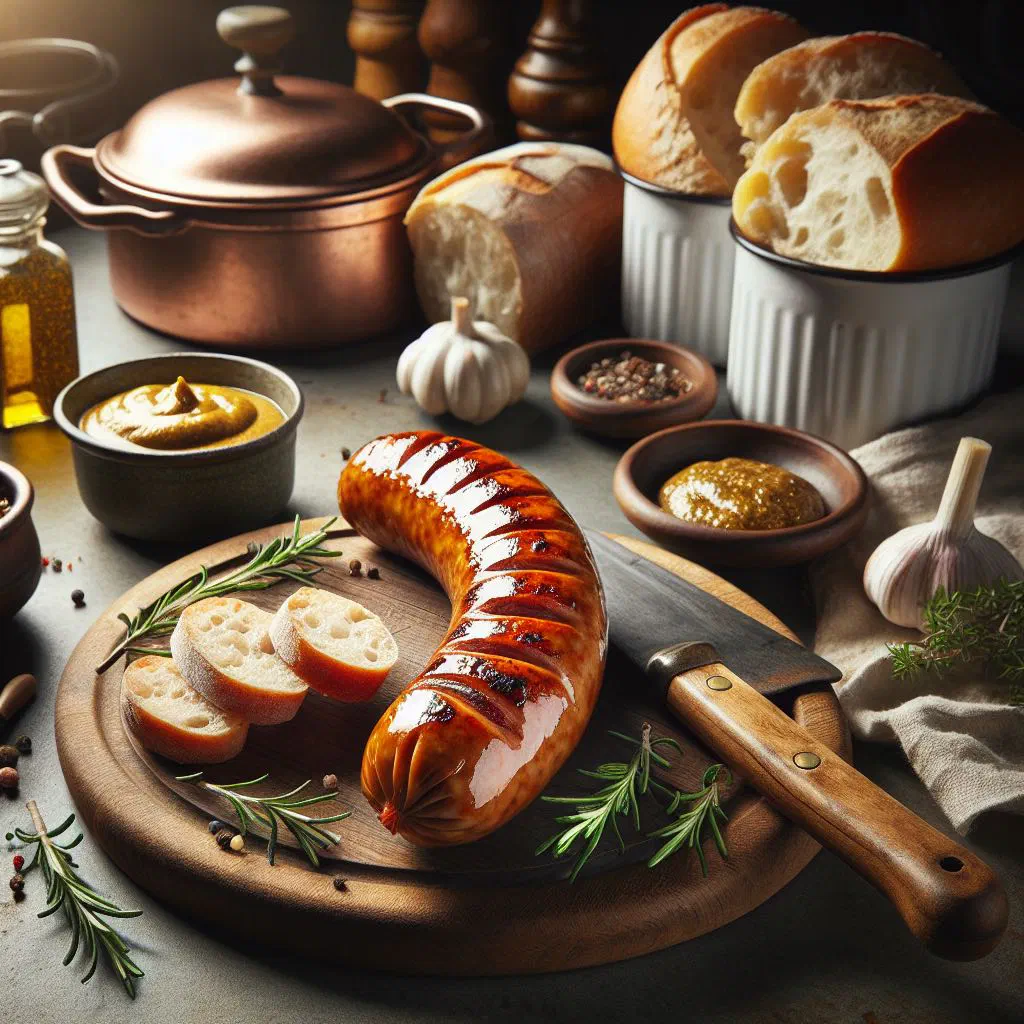Grilled St. Gallen bratwurst sausages browned over the coals