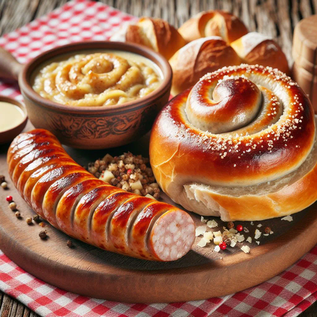 Grilled St. Galler bratwurst tucked into a crusty Bürli roll with mustard
