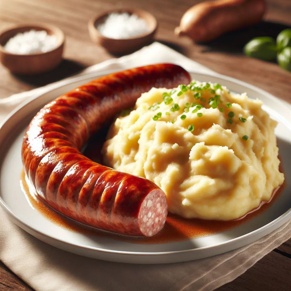 St. Galler Schüblig sausage served with creamy mashed potatoes