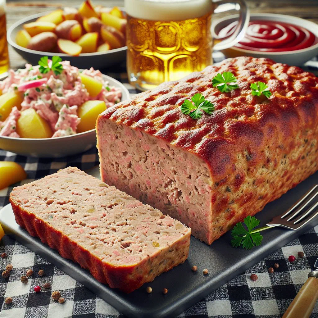 Sliced Swiss meatloaf with a golden crust on a wooden board